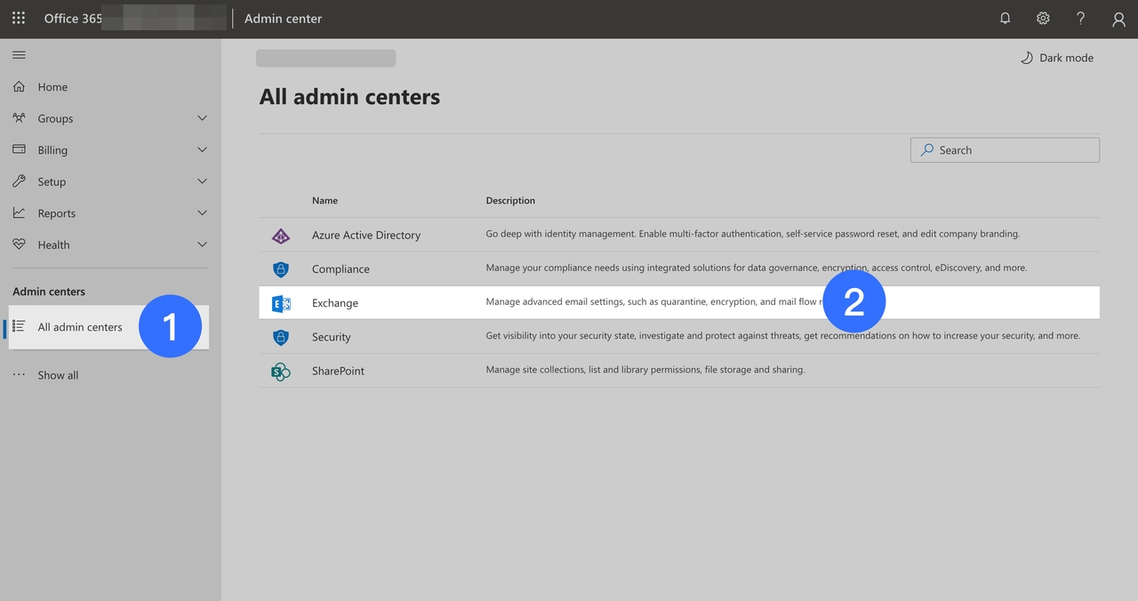  Nhấp vào Tất cả trung tâm quản trị > Exchange.