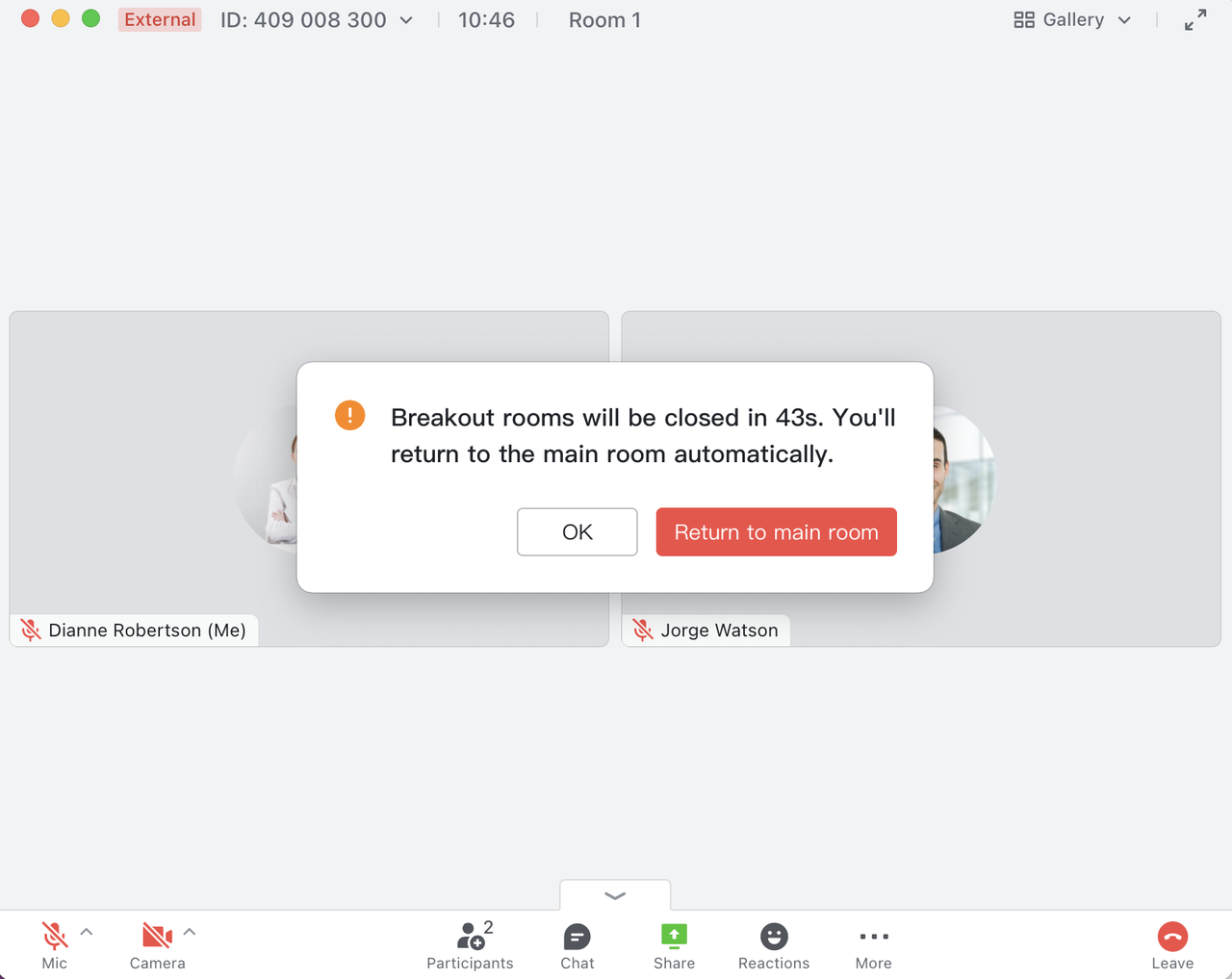 người tham gia quay lại phòng chính sau XX giây