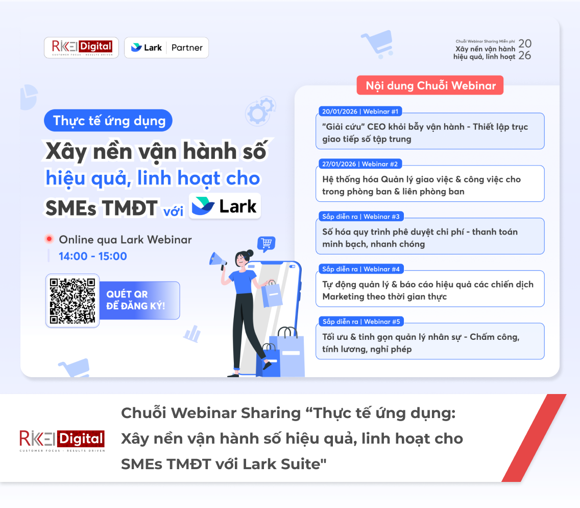 Chuỗi Webinar Sharing "Thực tế ứng dụng - Xây nền vận hành số hiệu quả, linh hoạt cho SMEs TMĐT với Lark Suite"