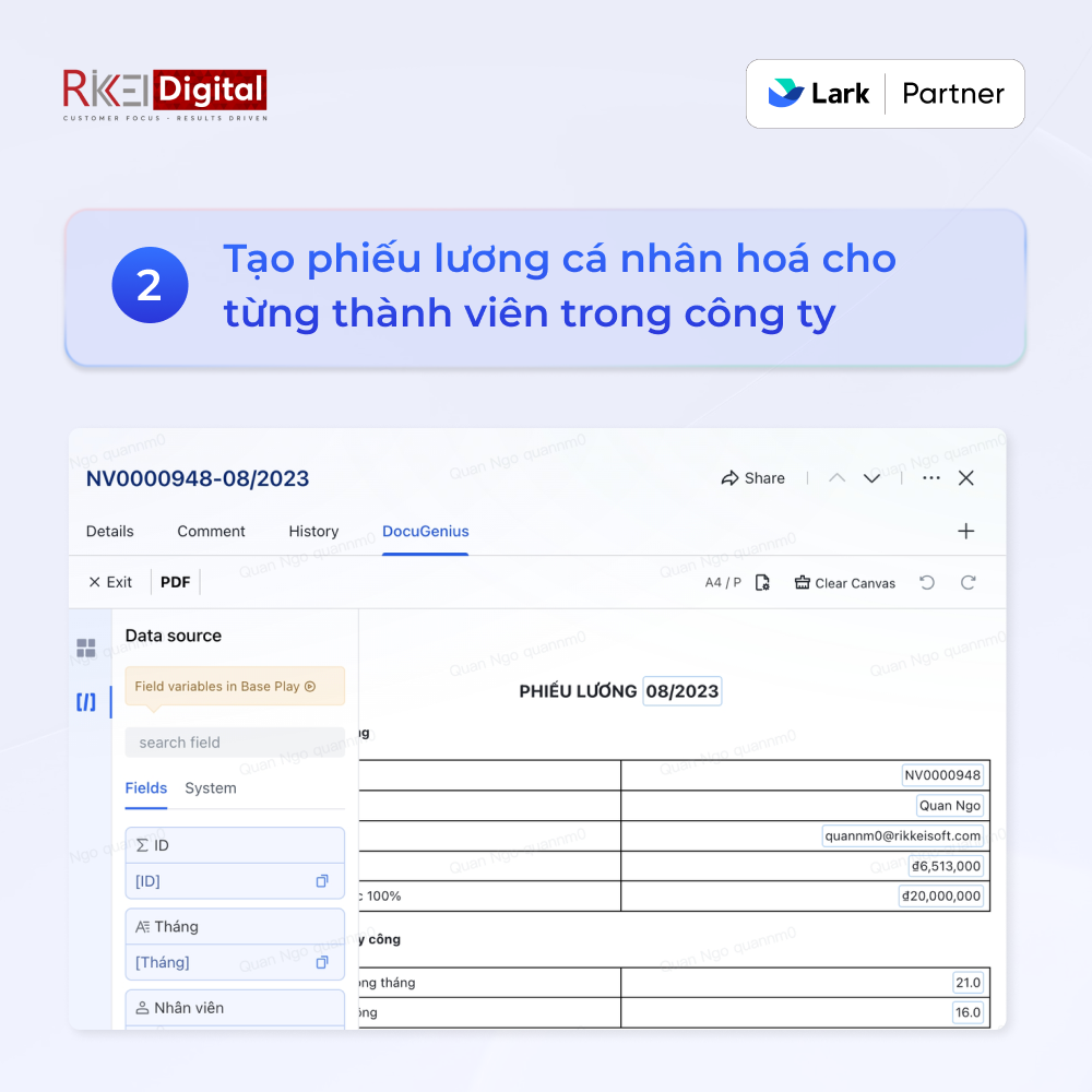 Tự động hóa phiếu lương, bằng khen, hóa đơn,... bằng Lark Base