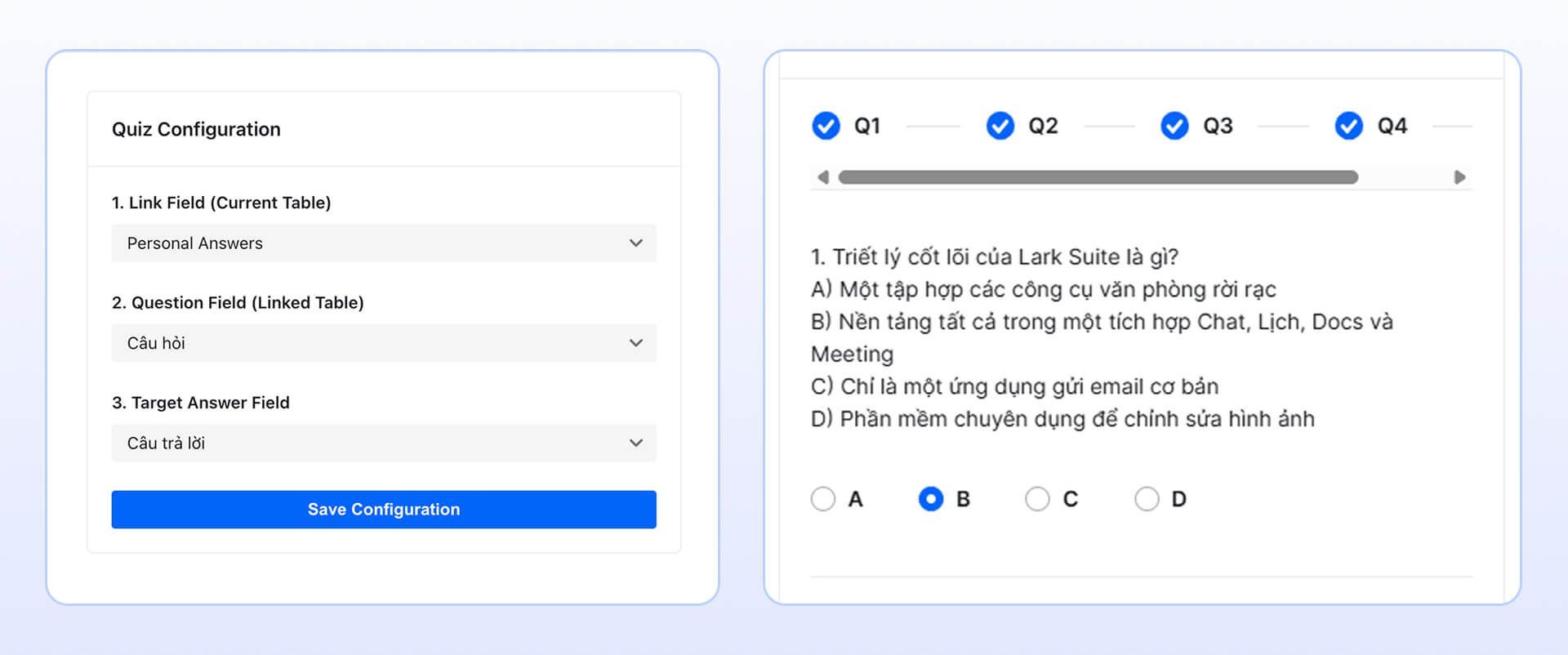 Tạo bài kiểm tra từ dữ liệu câu hỏi trong Lark Base