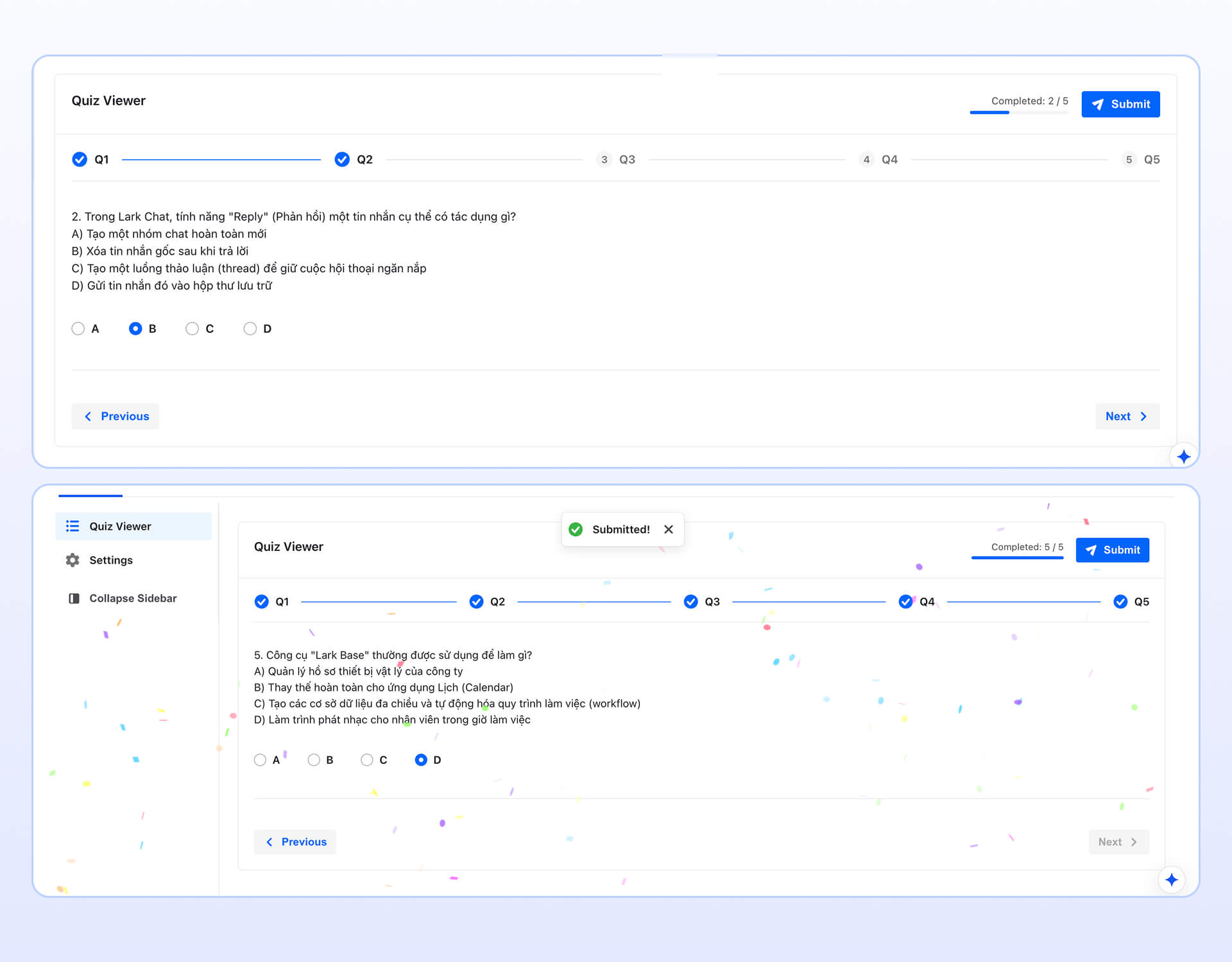 Giao diện làm bài kiểm tra thân thiện, dễ theo dõi