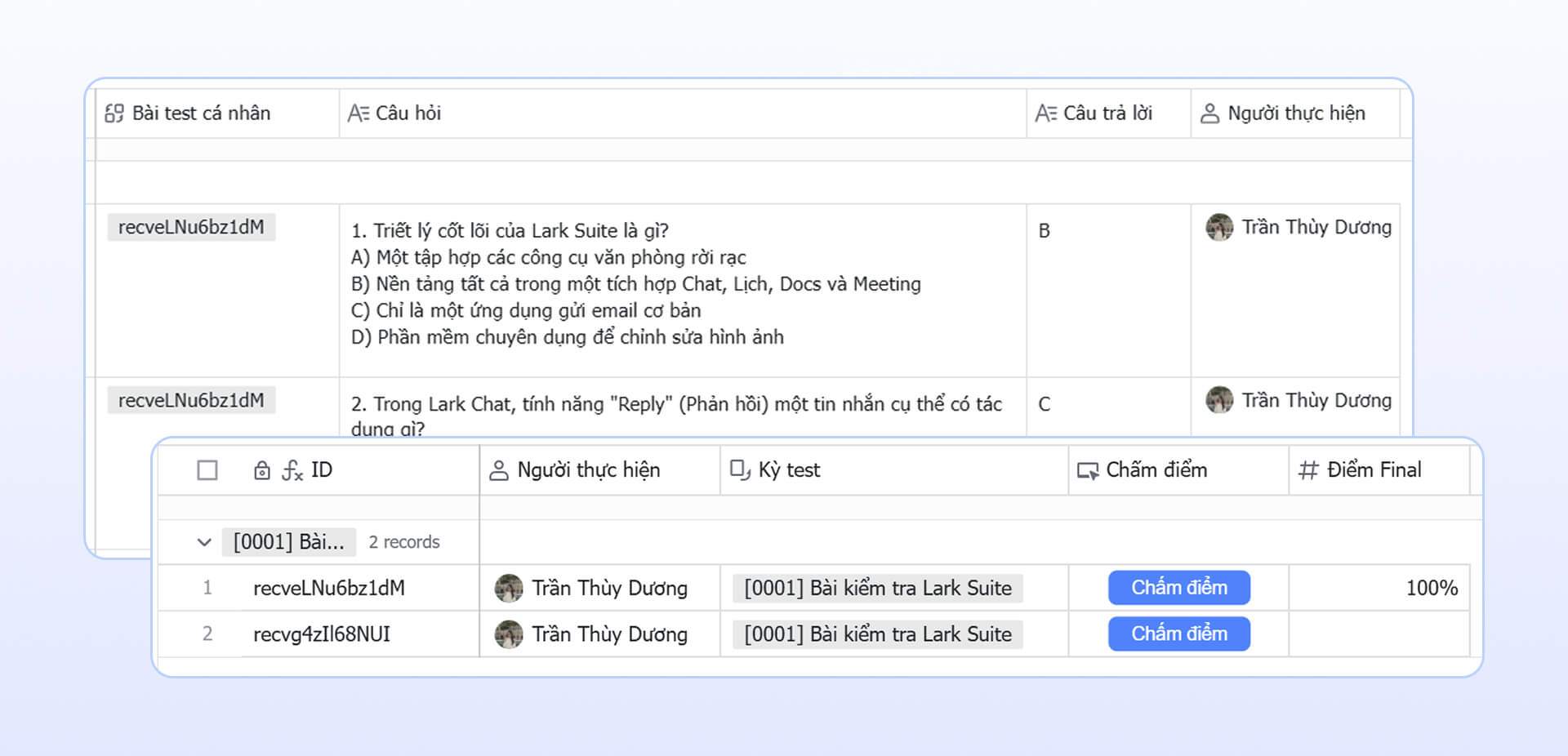 Tự động ghi nhận câu trả lời và tính điểm