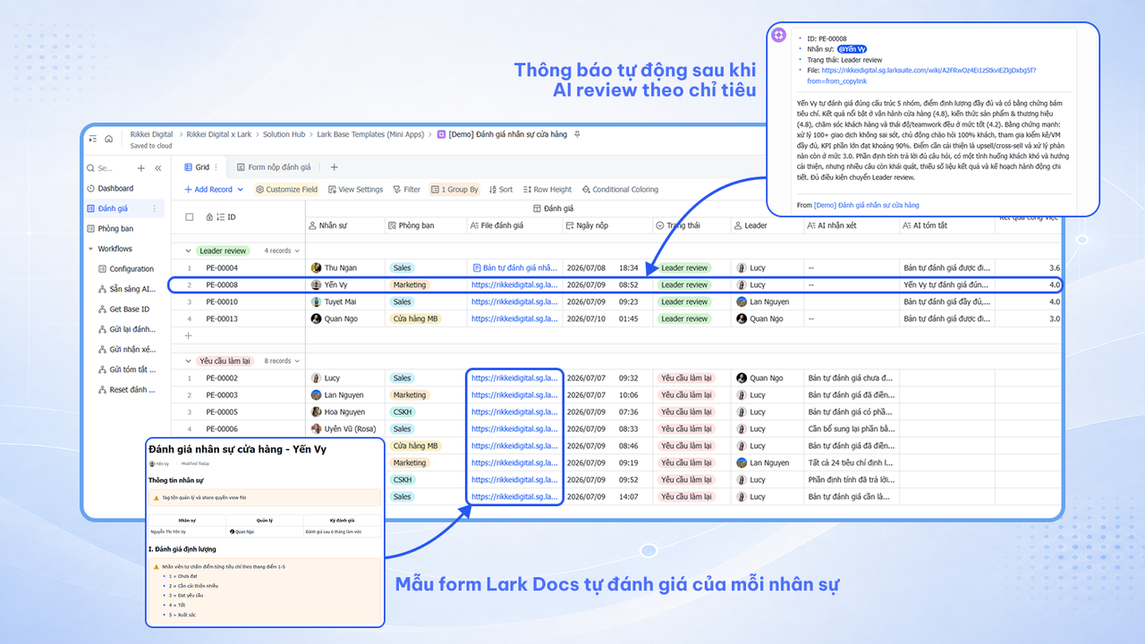 AI Agent hỗ trợ đ&aacute;nh gi&aacute; nh&acirc;n sự tr&ecirc;n Lark