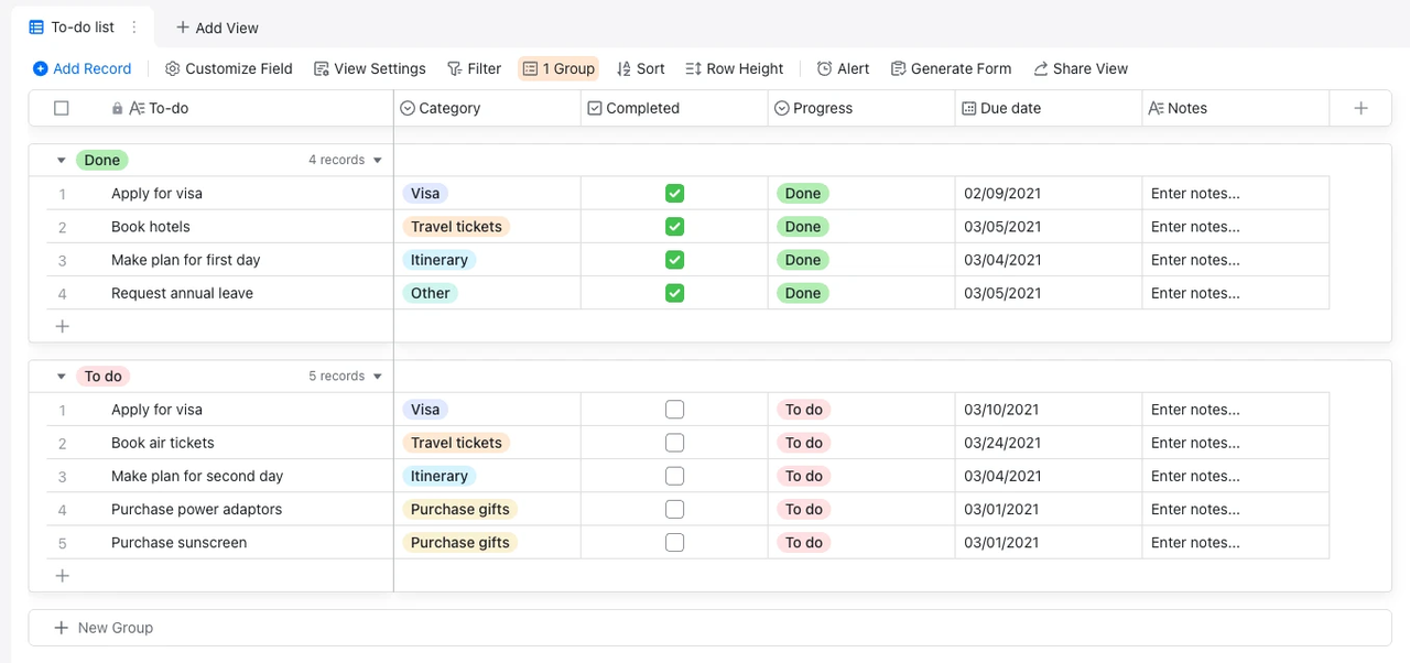Giao diện quản lý danh sách các việc cần làm trên Lark Base