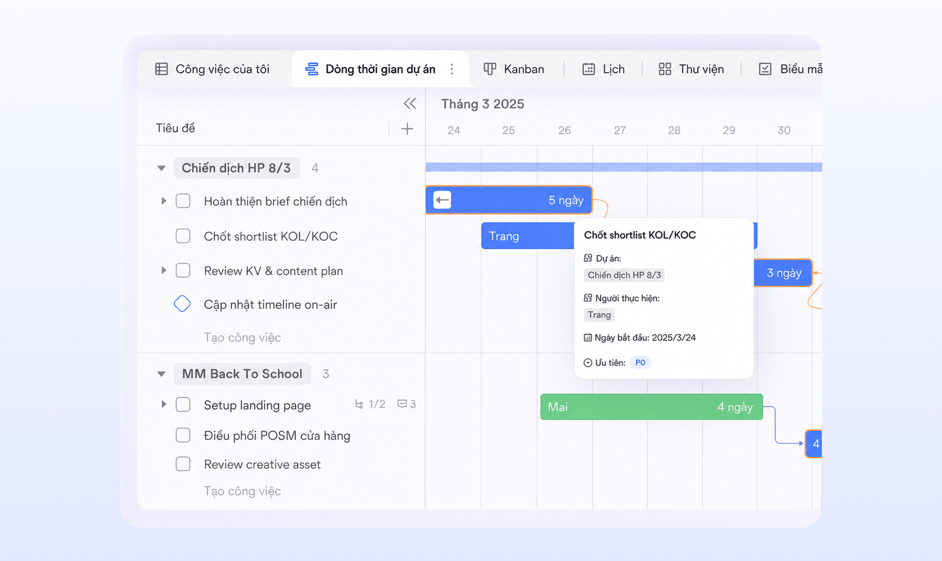 Theo d&otilde;i tiến độ bằng Kanban v&agrave; Timeline