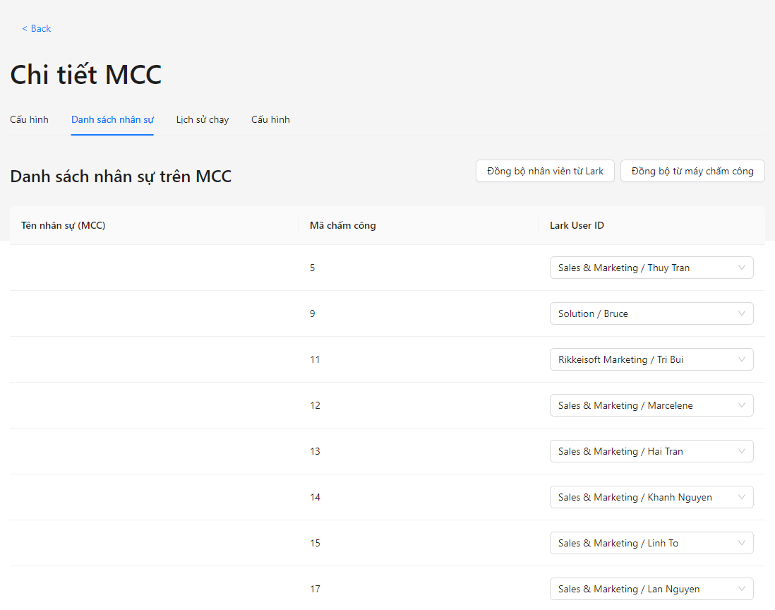 Đồng bộ thông tin nhân sự từ Lark lên ứng dụng