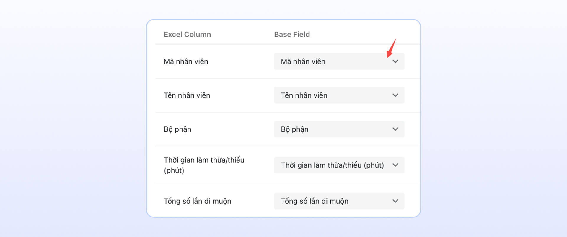 Linh hoạt g&aacute;n cột Excel với trường dữ liệu trong Base
