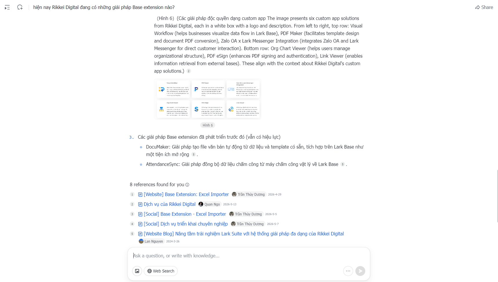 Knowledge AI được kết nối với các nguồn tri thức đang được sử dụng trong Lark