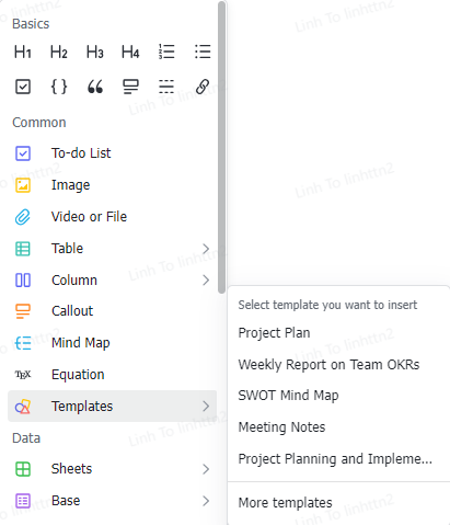 Lark Docs cung cấp các template phổ biến