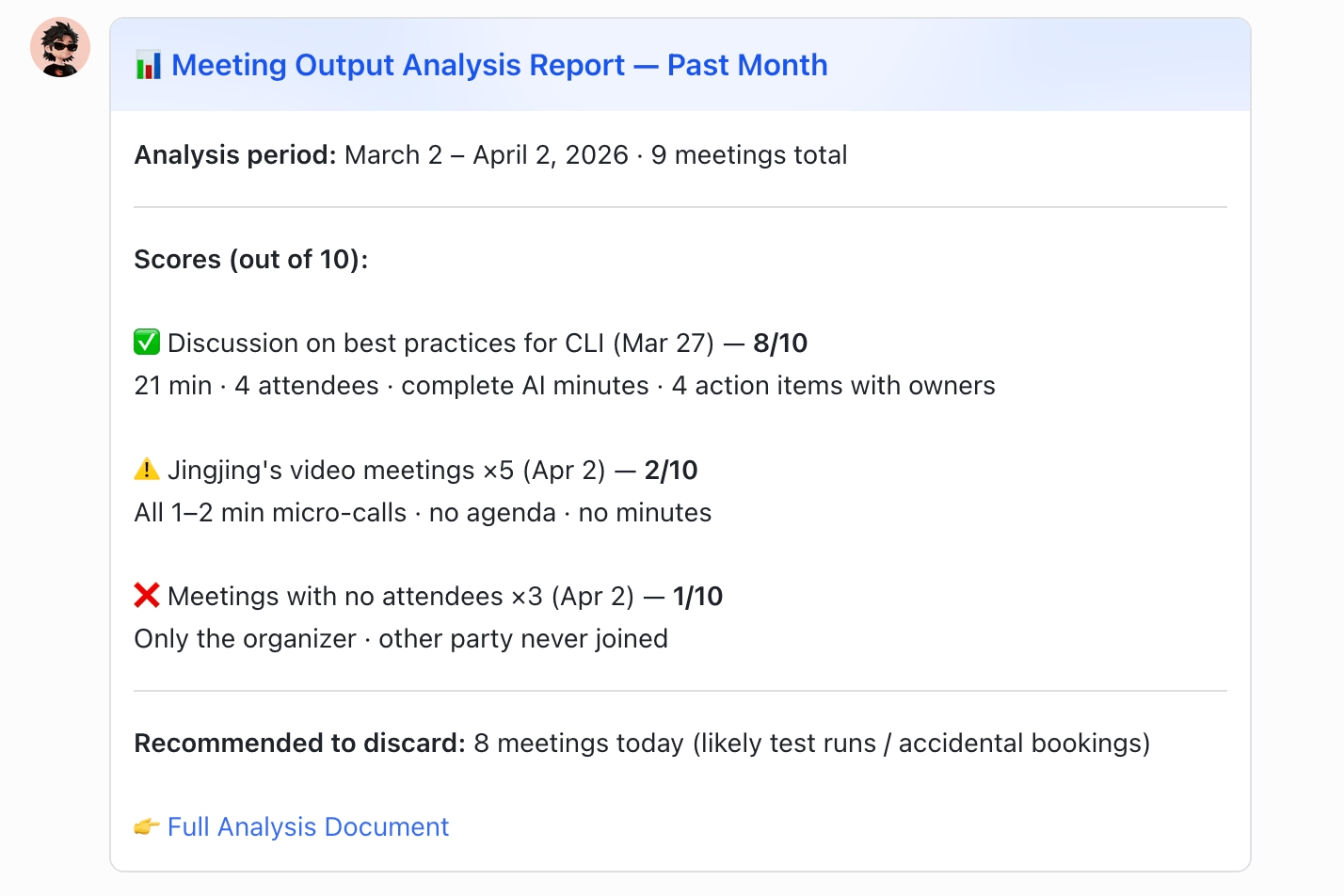 Agent phân tích toàn bộ meeting minutes tháng vừa rồi, đánh giá hiệu quả, và đề xuất cắt bỏ các meeting không đem lại hiệu quả
