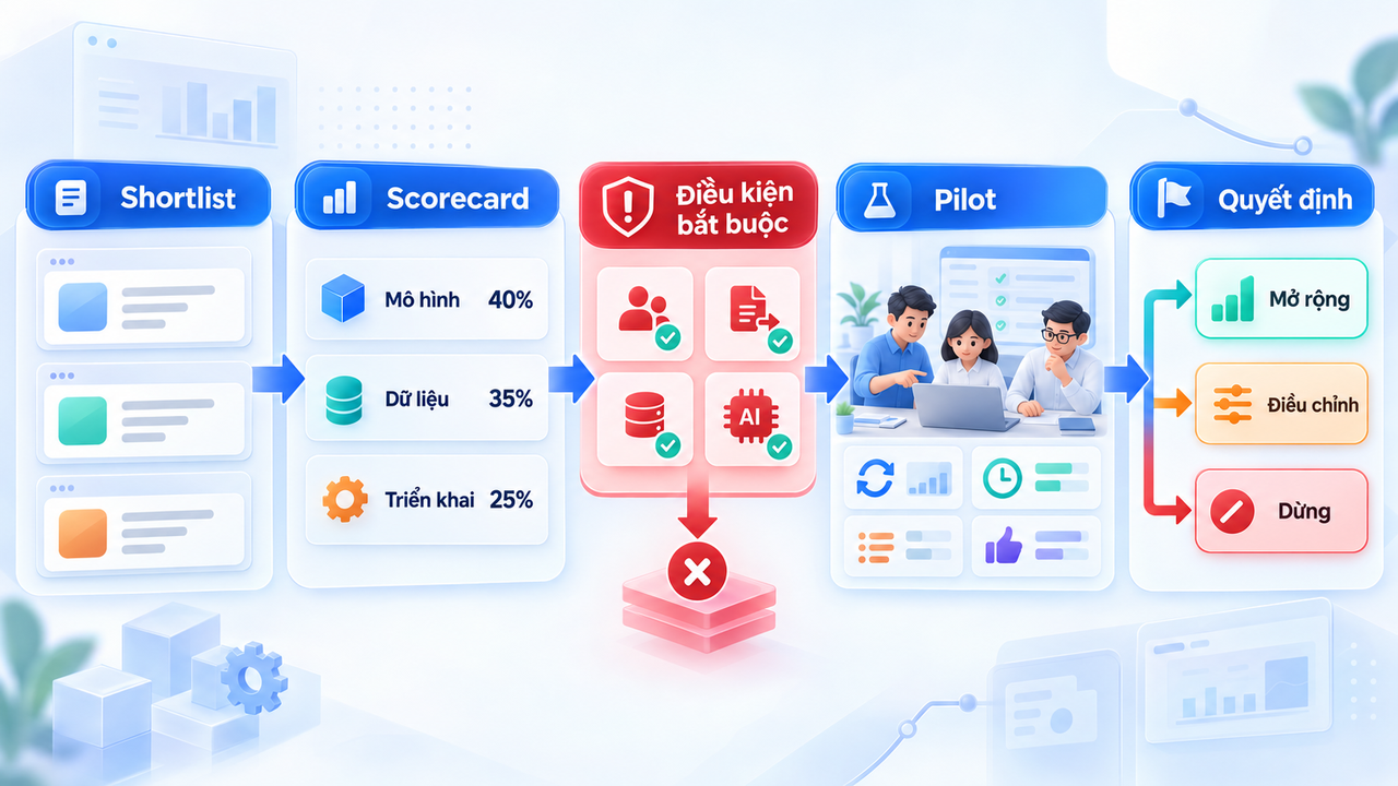 Quy trình chấm điểm, kiểm tra điều kiện bắt buộc và thử nghiệm quy mô nhỏ trước khi mở rộng nền tảng quản trị hiệu suất.