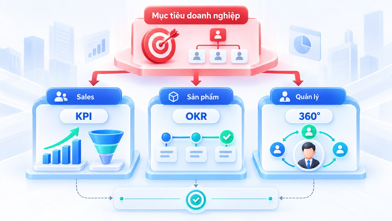 Giải pháp trên Lark liên kết mục tiêu doanh nghiệp với KPI, OKR và đánh giá 360 độ theo từng nhóm công việc.