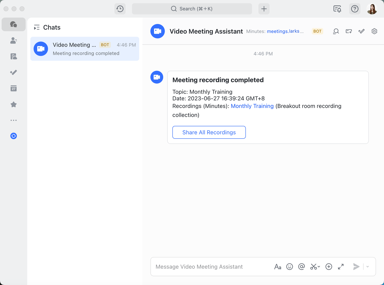 Ghi lại nội dung trong các phòng họp nhóm của Lark Meeting