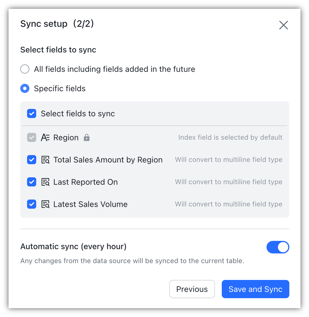 chọn các trường để đồng bộ hóa
