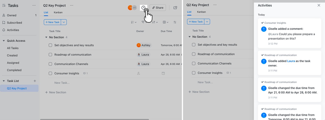 Xem lịch sử cập nhật danh sách nhiệm vụ